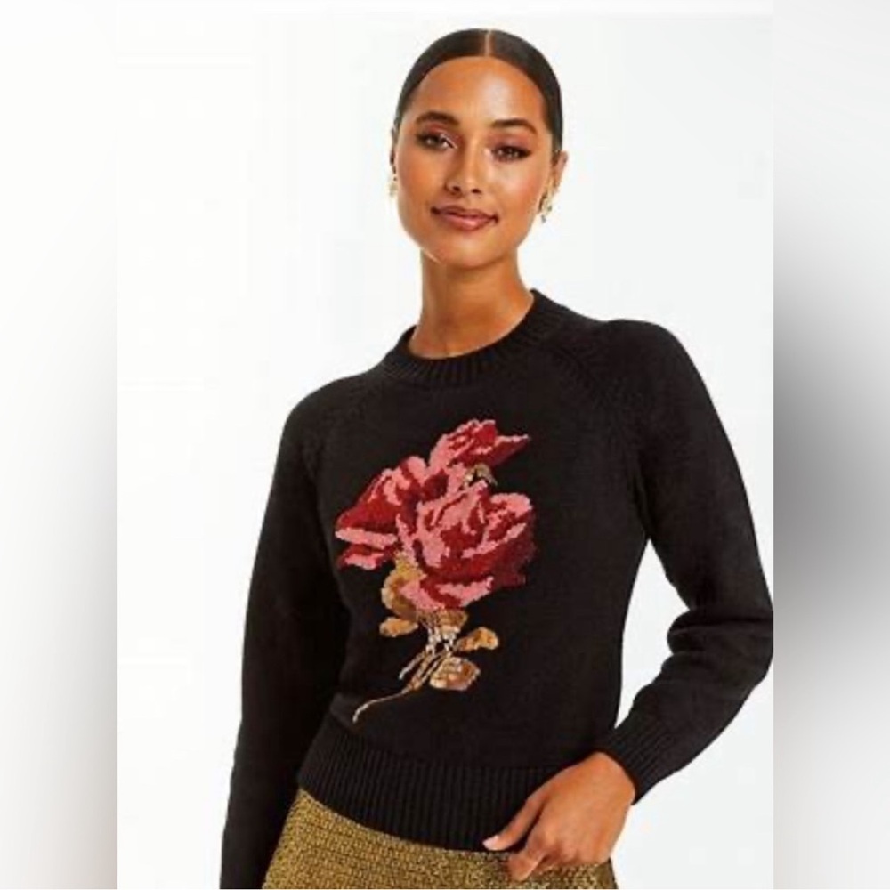 Mestiza New York Delilah Cotton Navy Sweater Beaded Embroidered Rose NWT S
